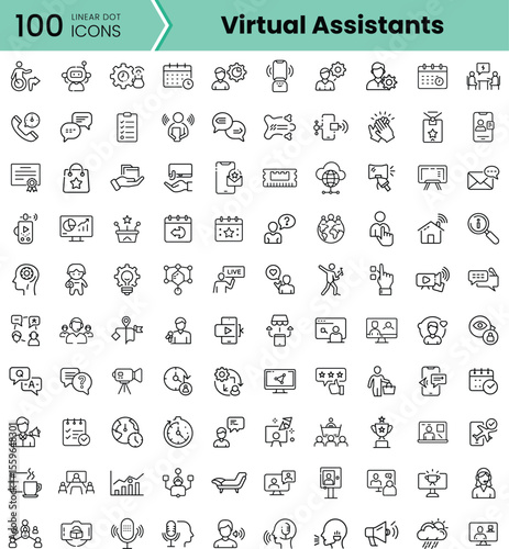 A collection of 100 linear dot icons depicting various virtual assistant tasks and tools, showcasing a blend of technology and productivity themes.