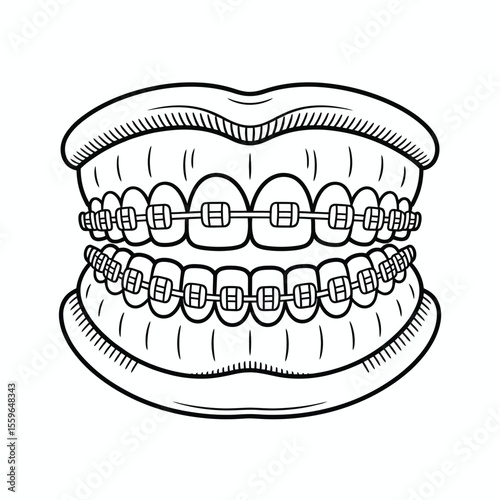 Hand Drawn Illustration of Teeth with Braces for Orthodontic Treatment