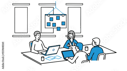 People are sitting around a table with laptops and tablets in a meeting room with a whiteboard hanging above 100