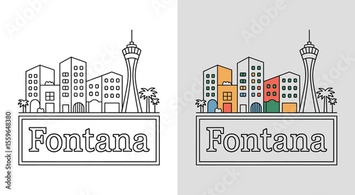 Fontana skyline with Auto Club Speedway and warehouse buildings for dynamic cityscape art.