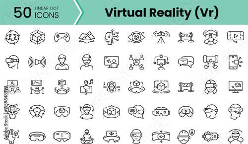 A collection of 50 linear icons representing virtual reality (VR) concepts, including headsets, gaming controls, and social connections, showcasing modern technology in a minimalist design.