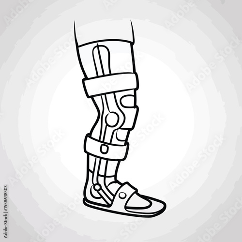 Illustration of a leg wearing a knee brace and foot brace