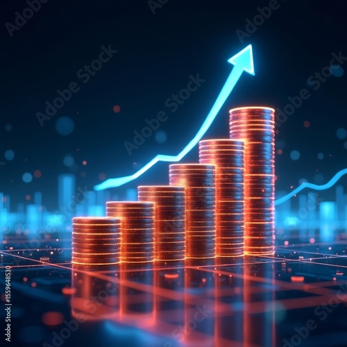 Digital rendering of rising coin stacks and bar charts made of glowing circuits and fiber optics, symbolizing futuristic financial growth. Background features AI processors, data flow lines
