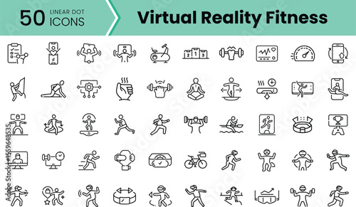 A collection of linear icons representing virtual reality fitness activities, showcasing diverse workouts and technologies designed to enhance health and wellness.