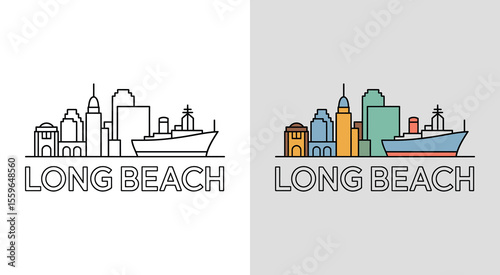 Long Beach skyline with Queen Mary and harbor buildings for nautical cityscape art.