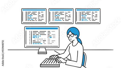 Woman coding with four screens showing code snippets in a bright office environment with a keyboard
