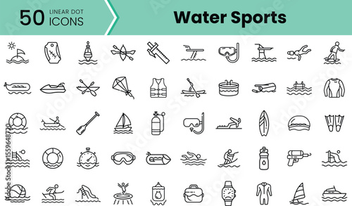 A collection of 50 linear icons representing various water sports activities, including surfing, swimming, and snorkeling, all designed in a minimalist style.