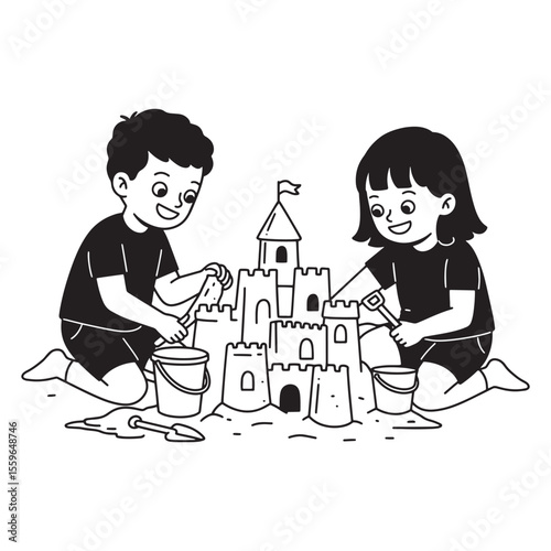 Cheerful children building a sandcastle together on the beach during a summer vacation