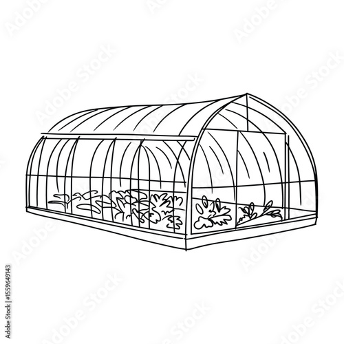 Hand drawn greenhouse with plants inside outline vector illustration isolated
