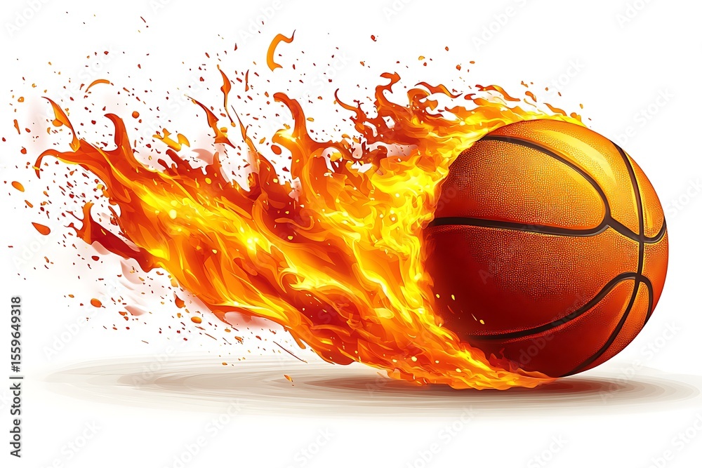 Fototapeta premium Burning basketball illustration with orange flames and sparks isolated on a white background
