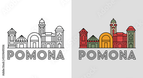 Pomona skyline with Fox Theater and fairground buildings for vibrant cityscape art.
