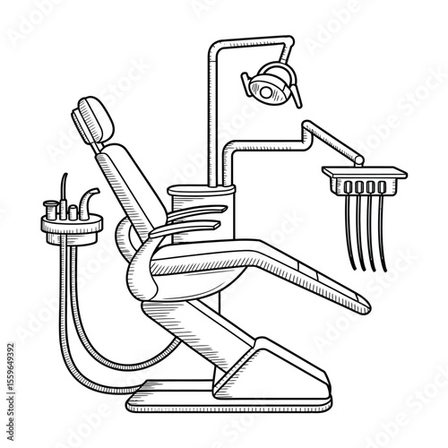 Dental chair and equipment illustration in black and white line art style