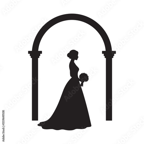 Elegant silhouette of a bride holding flowers under an archway vector illustration