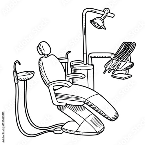 Hand drawn illustration of a dental chair and equipment in black lines