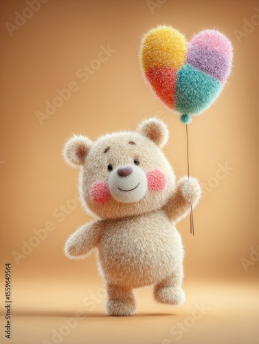 Sweet Fluffy Bear Holding Patchwork Heart Balloon – Adorable 3D Cartoon Illustration for Kids, Love, and Joy