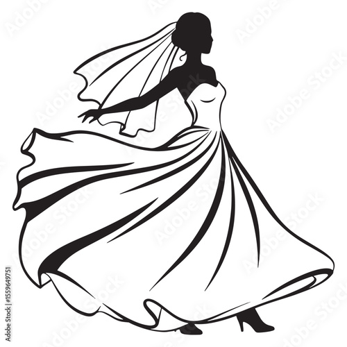 Elegant silhouette of a bride wearing a wedding dress and flowing veil in black and white