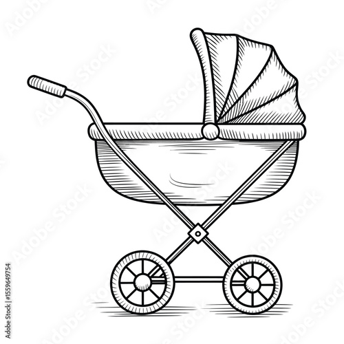 Vintage Baby Carriage Illustration Classic Pram with Detailed Hatching and Shading