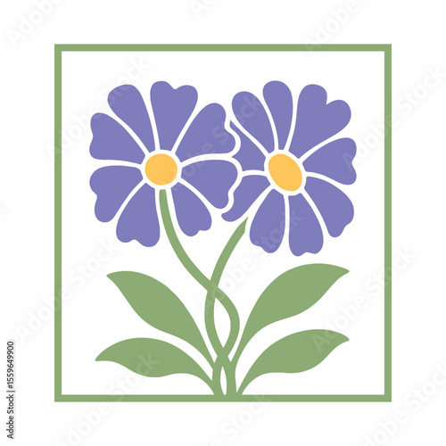 Colorful Folk Art Flower Illustration Twin Floral Design with Leaves