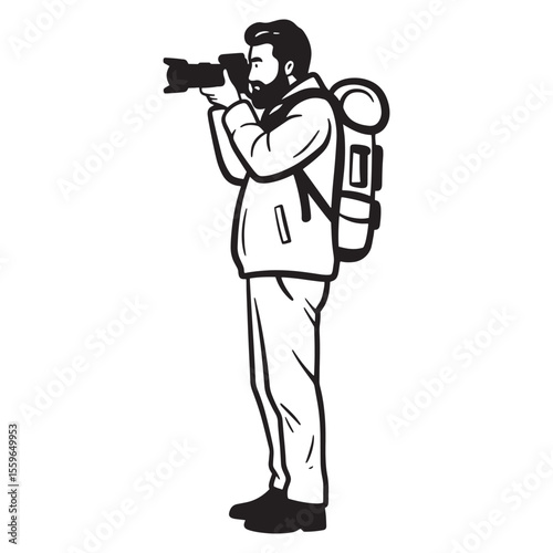 Illustration of a male photographer with a backpack taking a picture in black and white
