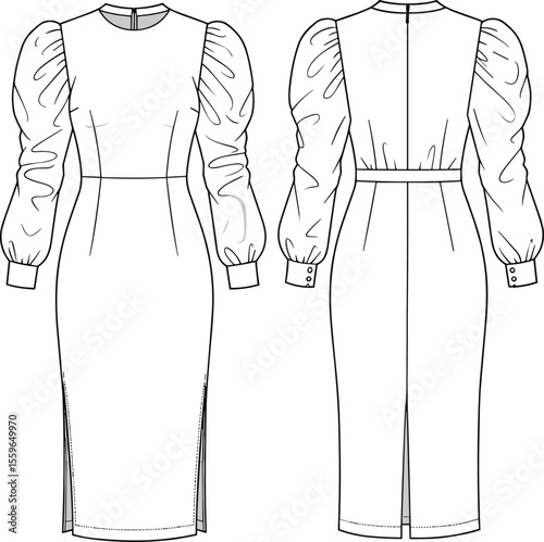Long sleeve puff dress front and back cad flat sketch, technical fashion illustration, vector template, formal wear, stylish design drawing