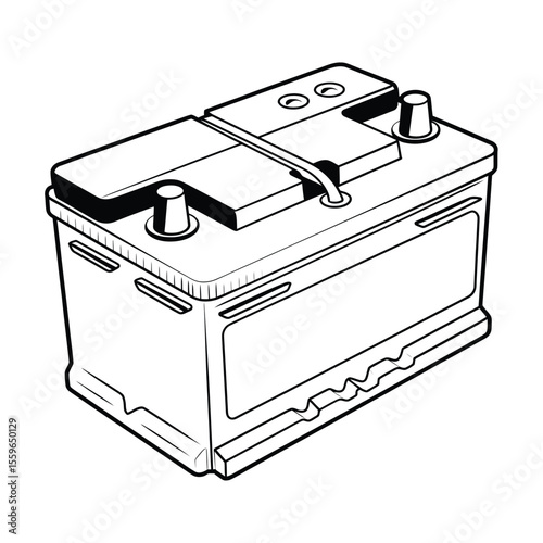 Black and white line art illustration of a car battery isolated on white