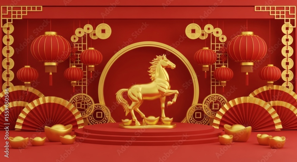 Fototapeta premium Golden Horse Figure in Festive Chinese New Year Setting