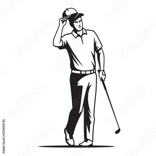 Silhouette illustration of a golfer with cap and golf club standing ready to play