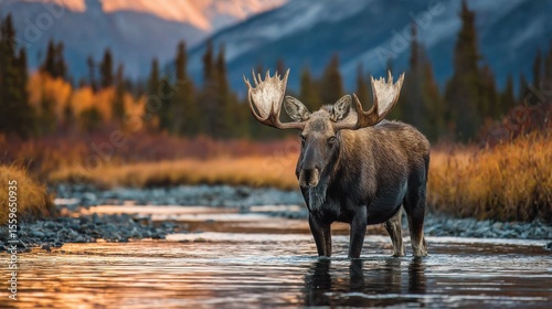 A large moose is walking across a river. The scene is serene and peaceful, with the water reflecting the beautiful surroundings photo