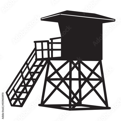 Silhouette of a lifeguard tower on a beach ready for summer fun and protection