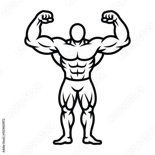 Bodybuilder flexing muscles illustration strong man outline fitness and workout concept