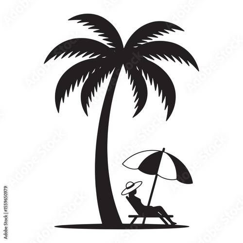 Silhouette of a person relaxing under a palm tree with an umbrella on a sunny day