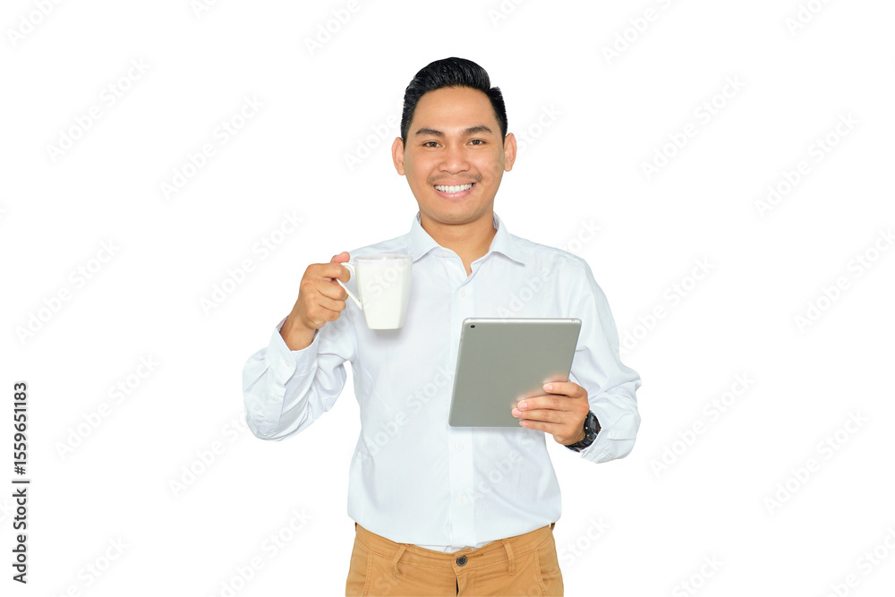 Portrait of smiling young Asian man in formal wear using digital tablet and holding cup of coffee, looking at camera with happy expression isolated on transparent background Portrait of smiling young Asian man in formal wear using digital tablet and holding cup of coffee, looking at camera with happy expression isolated on transparent background
