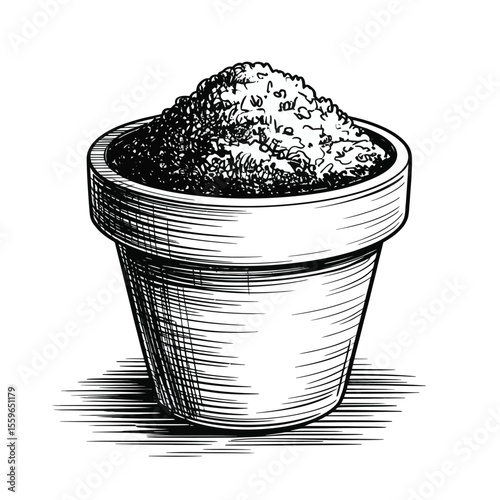 Hand Drawn Flower Pot with Soil Black and White Illustration