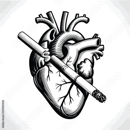 Smoking Kills Anatomical Heart with Cigarette Illustration in Black and White