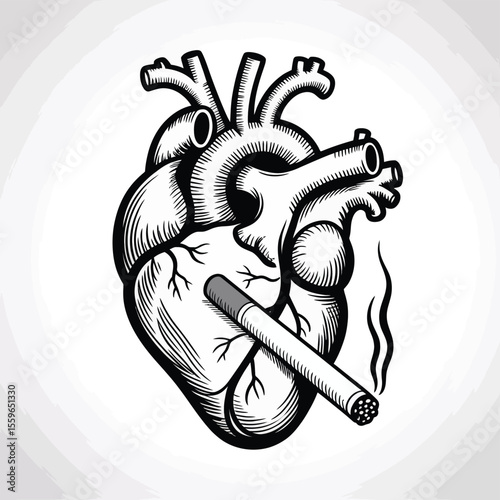 Smoking cigarette through heart representing heart disease and unhealthy lifestyle choices