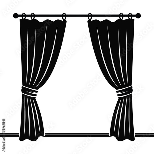 Elegant black and white curtains tied back on a rod illustration