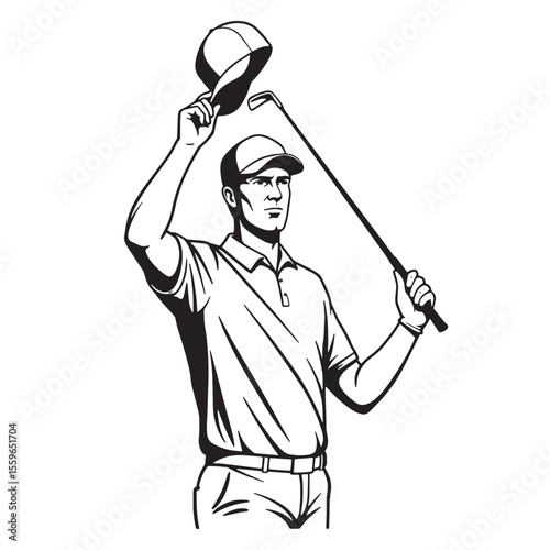 Skilled golfer raising cap and club ready for the game monochrome illustration