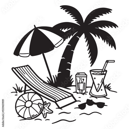 Summer beach scene with palm tree umbrella lounge chair drink and relaxation