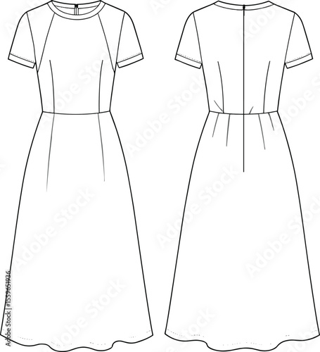 Short sleeve midi dress flat sketch, technical CAD vector illustration, front and back view, fashion template for women's clothing design