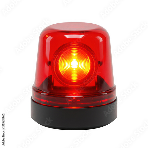 Bright red emergency beacon light with yellow flashing bulb isolated on transparent background