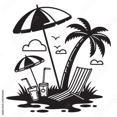 Summer vacation scene with palm tree beach chair drinks and umbrellas illustration in black and white