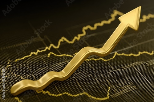 Gold upward trend graph.  A 3D golden arrow points upward over a complex chart of fluctuating lines, implying growth.  Dark background