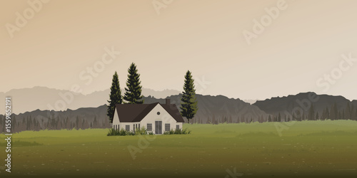 Country house at grass hill with silhouette pine forest and mountain ranges far away have vanilla sky background graphic illustration.