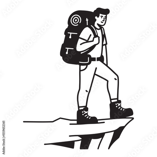 Vector illustration of a hiker standing on a cliff edge with a backpack and boots