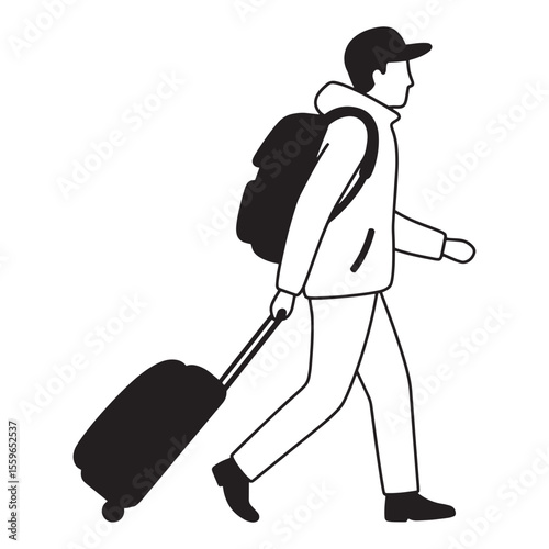 Vector illustration of a person walking with luggage and backpack traveling for vacation