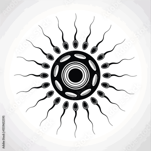 Sperm cells surrounding an egg cell illustration of fertilization process in black and white