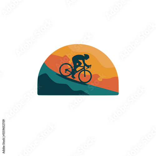 Cycling Silhouette with Sunset Mountain Landscape Logo, Modern cycling logo featuring a cyclist silhouette riding uphill against a colorful sunset mountain background, ideal for sports branding.

