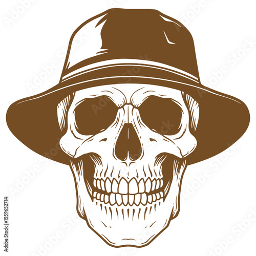 Vintage illustration of a skull wearing a fedora hat for design and horror concepts