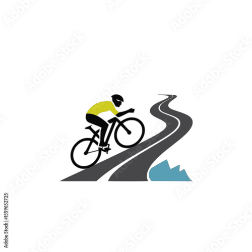 Cycle Up Motivation Graphic with Cyclist and Road, Motivational cycling illustration showing a cyclist in yellow climbing a winding road, encouraging perseverance and uphill challenges in sports.

