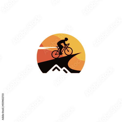 Cycling Silhouette with Sunset Mountain Landscape Logo, Modern cycling logo featuring a cyclist silhouette riding uphill against a colorful sunset mountain background, ideal for sports branding.

